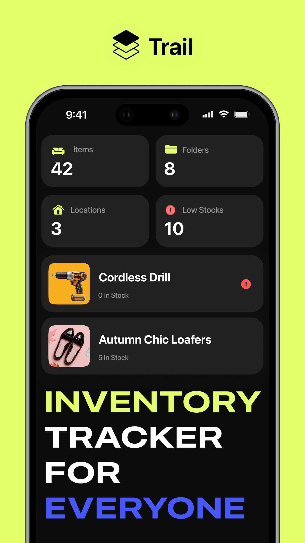 TRAIL inventory tracker dashboard with items, folders, locations and low stock counts