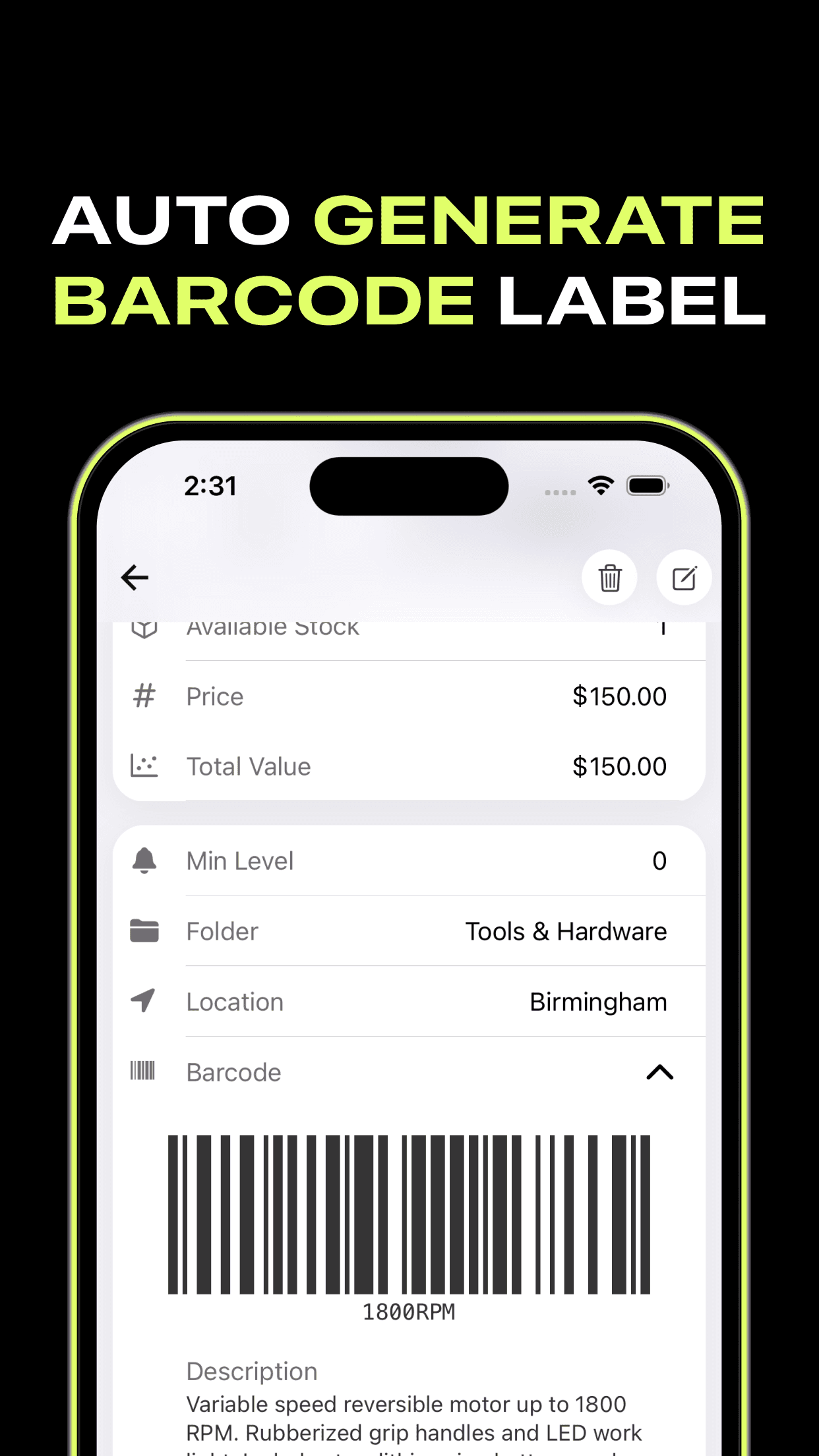 Auto-generated barcode label on an item detail screen in the TRAIL inventory app